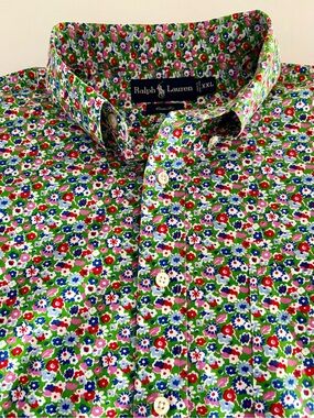 Ralph Lauren Green Floral Cotton Button Down Short Sleeve Shirt XXL